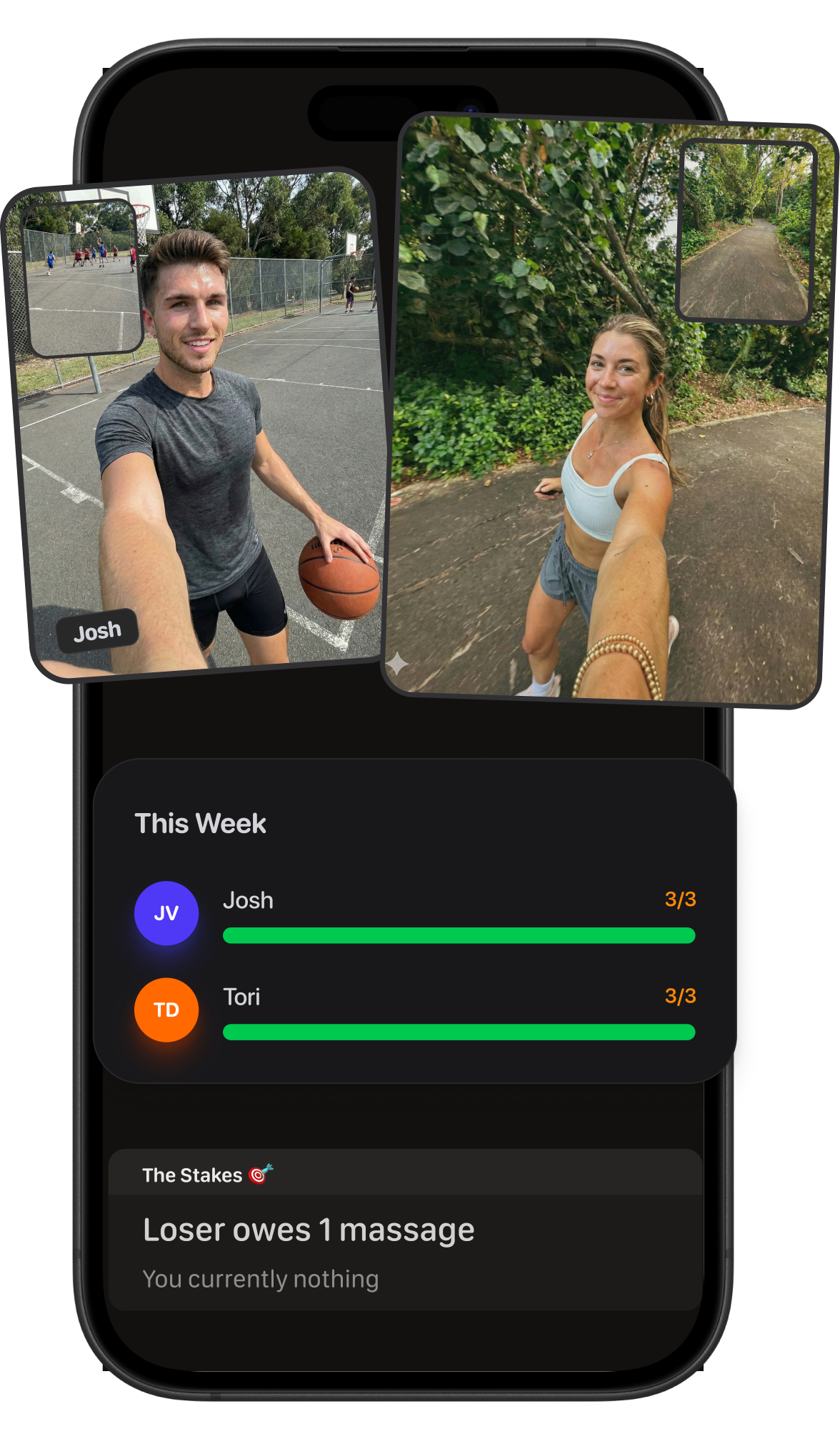 Sweatmates showing Josh and Tori’s workout photos and completed weekly goals